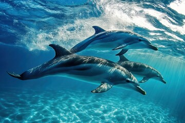 Obraz premium Dolphins swimming gracefully in clear waters ocean underwater photography serene environment dynamic angle marine life exploration