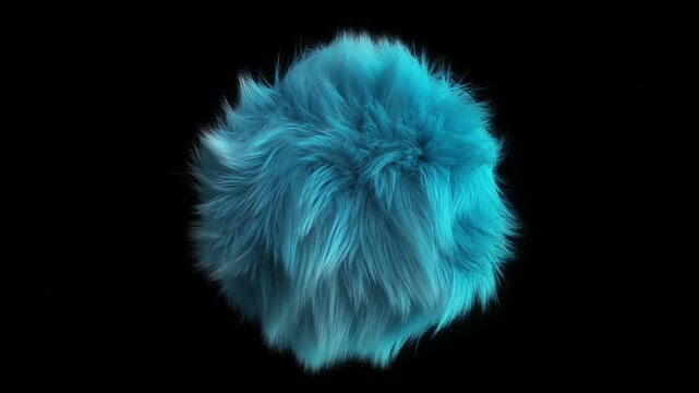 A vibrant turquoise blue fluffy fur ball with detailed hair texture isolated on a solid black background.