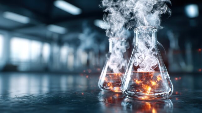 Glass laboratory flasks filled with bubbling solutions and emitting smoke, representing the dynamic realm of science and experimentation in a modern research environment. - Powered by Adobe