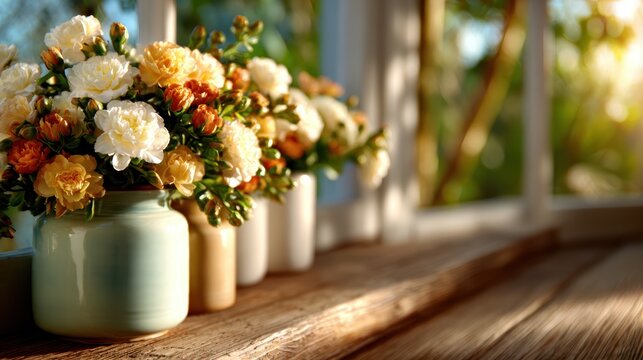 A beautiful arrangement of colorful flowers is displayed artistically in jars, capturing the essence of freshness, warmth, and the joy that nature brings to indoor spaces.