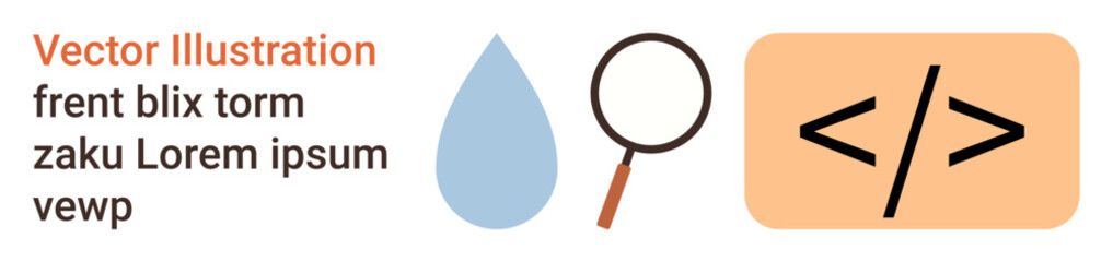 Data analysis, software development, web design, coding, water resources, investigation. A teardrop, magnifying glass and coding symbol on a plain background. Software development and data analysis