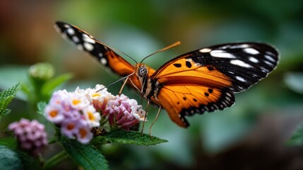 This stunning close-up captures a vibrant butterfly perched delicately on colorful flowers, showcasing nature's beauty and the intricate details of both subjects brilliantly.