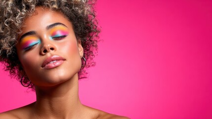 Obraz premium A beautiful woman poses gracefully with colorful makeup and a stylish hairstyle, radiating confidence against a vibrant pink background, a celebration of individuality.