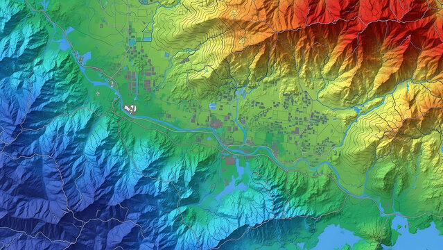 Colorful 3D Topographical Map of a Valley with a River and Settlements