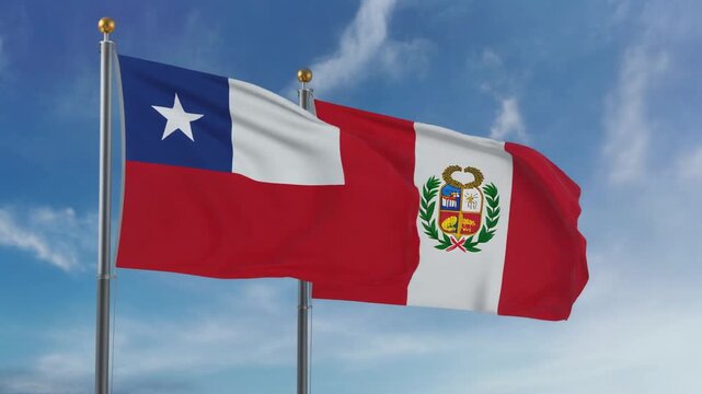 Dynamic visual representation of the national flags of Chile and Peru waving together, symbolizing cultural pride, international cooperation, and South American unity