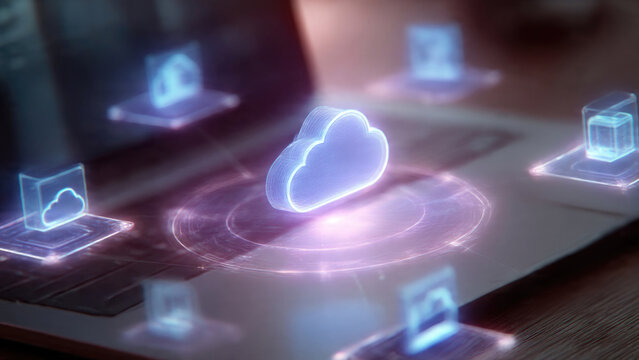 Central glowing cloud icon on a laptop, surrounded by interconnected digital symbols. Visualizes cloud computing, data storage, network connectivity, and modern digital technology.