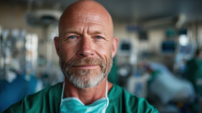 A focused and determined surgeon stands in a modern operating room, exemplifying professionalism and care in a high-stakes medical environment, wearing scrubs and a mask.