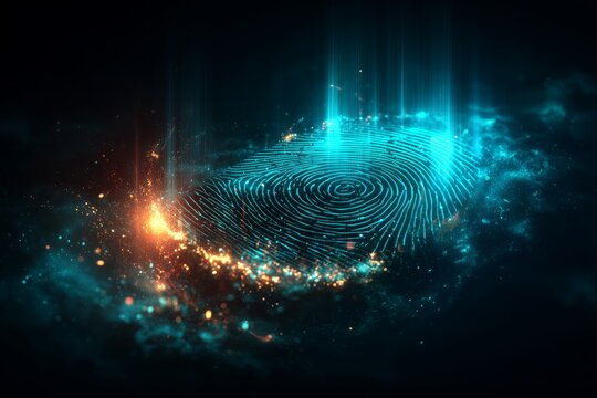 A glowing fingerprint transforms into rippling digital waves, symbolizing biometrics, innovation, and cinematic grandeur. The image conveys atmosphere, solitude, and haunting beauty.