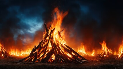 A captivating bonfire stands tall amidst glowing flames and dark smoke, evoking a sense of warmth and gathering in the cool night air of an outdoor setting, perfect for celebrations.