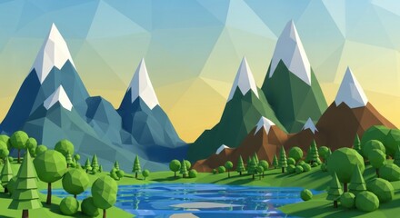 Stylized low poly mountain range landscape with lake reflecting polygonal trees