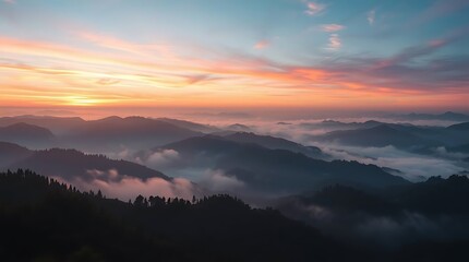A highly detailed, hyperrealistic landscape depicting a misty mountain range at sunrise, with warm oranges and pinks painting the sky