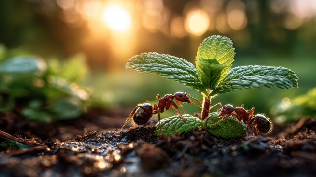 Two ants explore a fresh mint plant sprouting from the rich soil, bathed in warm morning sunlight, portraying the beauty of nature's small interactions and the cycle of life.