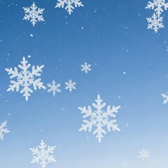 Delicate snowflakes falling softly on a gradient blue background creating a serene winter atmosphere