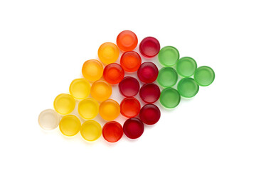 Round gummy candy pile isolated. Chewing colorful marmalade pills, jelly gumdrops heap