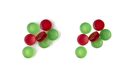Round gummy candy pile isolated. Chewing colorful marmalade pills, jelly gumdrops heap