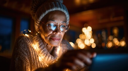 An elderly woman, adorned in cozy attire, reads thoughtfully while wrapped in soft Christmas lights, capturing the peaceful essence of holiday moments and reflection.