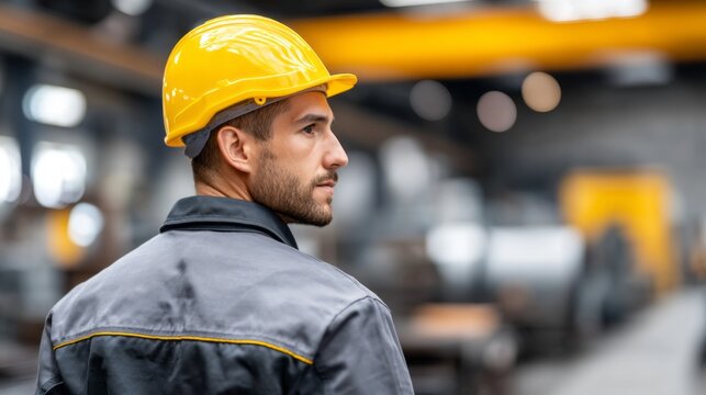 A dedicated worker stands confidently, wearing a bright safety helmet, as he surveys the bustling manufacturing environment filled with machinery and activity - Powered by Adobe