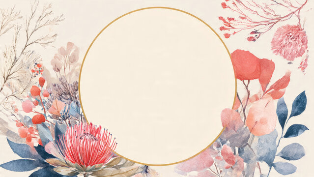 Elegant watercolor floral frame featuring soft pink, coral, and blue botanical elements around a central golden oval, ideal for invitations and designs.
