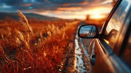 A car's side mirror reflects a stunning sunset over a scenic road, capturing a sense of journey, freedom, and the beauty of nature during the golden hours of the evening.