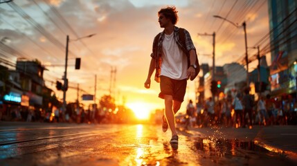 Fototapeta premium A young man strolls through a bustling city street during sunset, embodying the energy of urban life, exploration, and the vibrancy of cityscape culture, while evoking emotion.