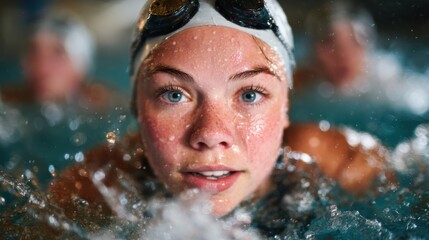 A determined young female swimmer emerges from the water, her intense gaze captures the essence of competitive sports, showcasing strength, determination, and focus in motion.
