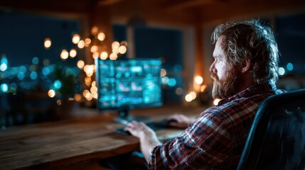 Fototapeta premium This image features a man working intently on a video editing project in a dimly lit room, highlighting the modern workspace vibe and creative dedication to his craft.
