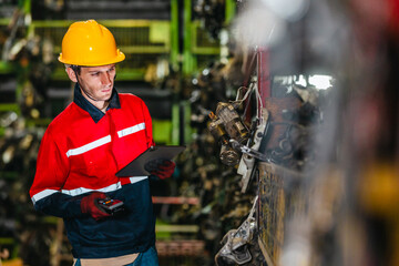 Technician Using Barcode Scanner and Tablet to Manage Auto Parts Inventory in Warehouse