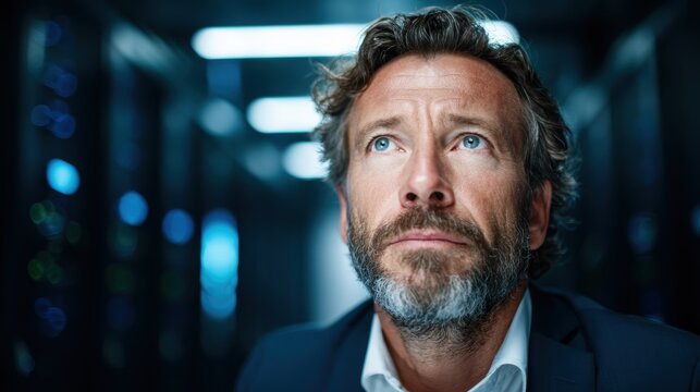 A contemplative middle-aged man gazes upwards, showcasing a deep connection with the technology that surrounds him in a dimly lit server room, evoking thoughtfulness and innovation.