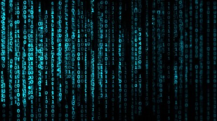 Glowing cyan digital code flows downward across a dark background creating a cascade effect