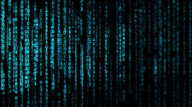 Glowing cyan digital code flows downward across a dark background creating a cascade effect - Powered by Adobe