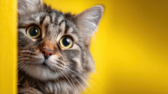 A curious cat with large eyes peers out from a bright yellow backdrop, embodying playfulness and warmth while captivating viewers with its adorable expression.