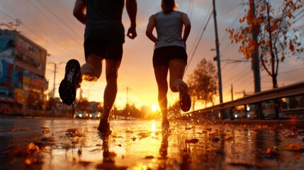 Two athletes run along a water-slicked street at sunset, capturing the feeling of freedom and determination amidst a beautifully blurred backdrop of vibrant colors.