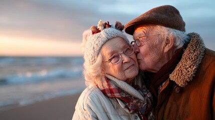 An affectionate elderly couple shares a tender kiss on the beach at sunset, capturing the beauty of enduring love and companionship across the years in a heartwarming scene.