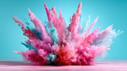 Fototapeta premium An abstract explosion of colorful pink and blue smoke creates a dramatic and visually captivating artwork, representing creativity, chaos, and the beauty of motion in art.