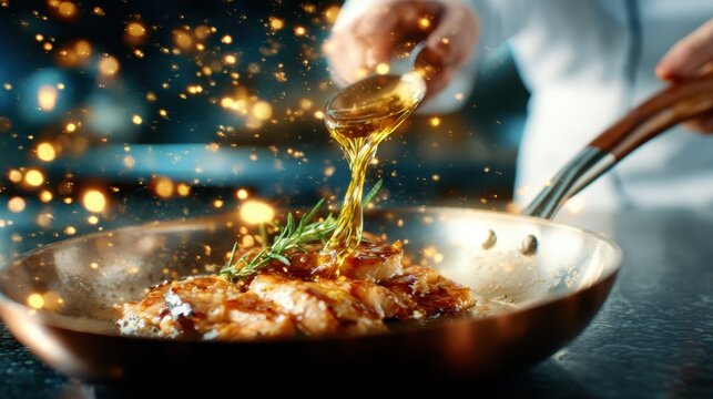 A chef skillfully pouring oil over sizzling proteins in a copper pan, creating a vibrant culinary scene filled with aromatic spices and inviting flavors of gourmet cooking.