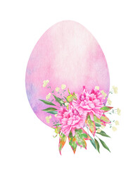 Pastel watercolor Easter egg in soft pink and lilac shades decorated with blooming peonies and delicate greenery. A bright spring holiday illustration perfect for Easter cards and seasonal projects.