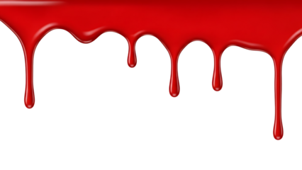 Red liquid, dripping from top edge with glossy highlights, isolated on white or transparent background. PNG