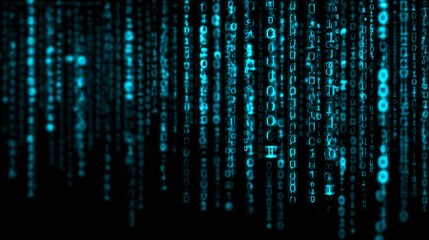 Cascading streams of bright cyan digital characters flow downward against a dark background