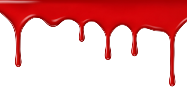 Red liquid, dripping from top edge with glossy highlights, isolated on white or transparent background. PNG