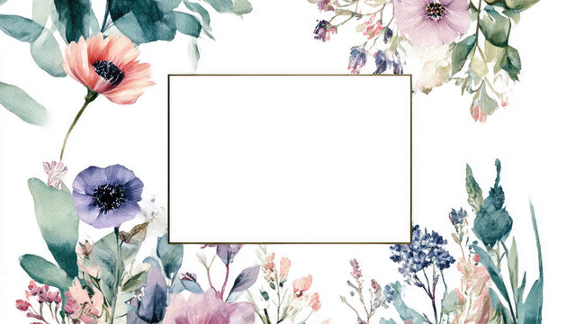 Elegant watercolor floral frame with delicate pink, purple, and lavender blooms surrounding a customizable white rectangle, perfect for invitations or decorative text.