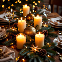 Elegant Christmas table setting with candles, ornaments, and decorations for festive celebration
