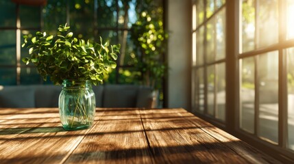 Fototapeta premium A lush green plant in a glass jar brings life and freshness to a sunlit indoor setting, highlighting the beauty of nature and the soothing effects of indoor greenery.