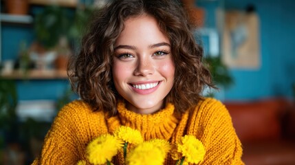 A joyful woman with curly hair smiles brightly while holding a bunch of dandelions, radiating warmth and positivity in a cozy indoor setting filled with vibrant colors.