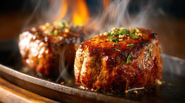 Two sizzling steaks seasoned with herbs are served on a hot plate, creating a delightful aroma and visual allure that beckons diners to indulge in a tasty experience.