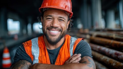 A confident construction worker wearing an orange hard hat and vest stands smiling at the construction site, showcasing hard work and a positive attitude in a dynamic environment.