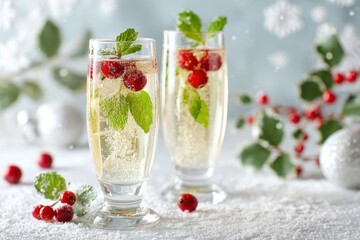 Christmas and New Year cocktails with white champagne sparkling wine, mint leaves, sugar rim on glass. Glasses of Xmas cocktail. Winter decorations in the light grey background, snow white tabletop.