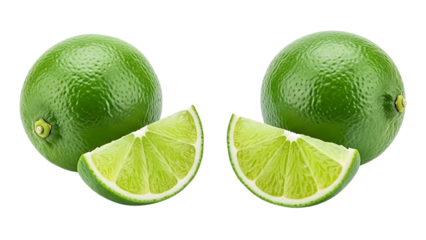 Two whole green limes, with two lime wedges showing juicy pulp and white rind, isolated on white or transparent background. PNG
