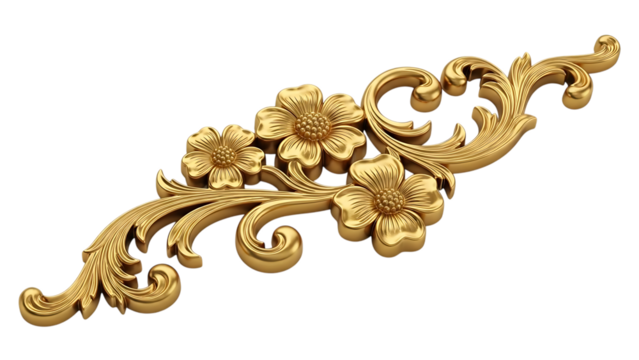 Ornate golden floral scrollwork, with three detailed flowers, isolated on white or transparent background. PNG