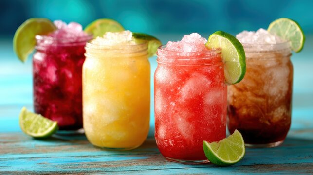 Four vibrant jars filled with refreshing summer drinks, complete with ice and lime slices, capturing the essence of a fun, fruity summer gathering with friends.