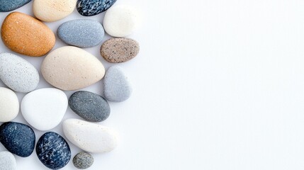 Close-up shot of various smooth stones arranged on a white background, creating a minimalist and natural aesthetic.